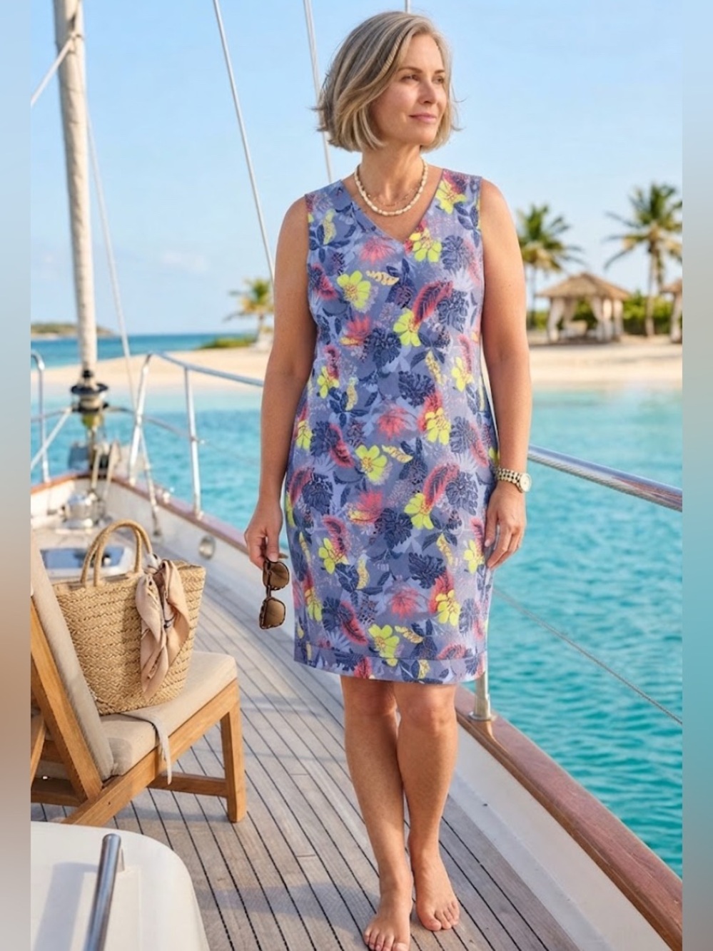 SIZE 2X Denim & Co.® NEW Women's V-Neck Blue Tropical Floral Dress Cotton
